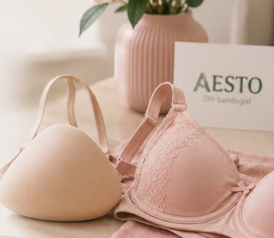 Brystprotese og BH i rosa, klar for tilpasning hos AESTO