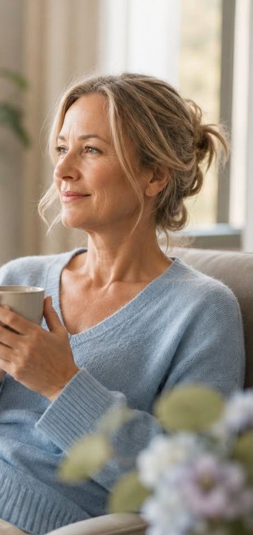 Kvinne som sitter avslappet i en lenestol med en kopp kaffe